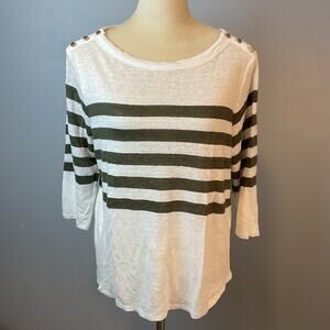 Chico's Striped 3/4 Sleeve Blouse Medium 100% Linen Gold Button  Scoopneck